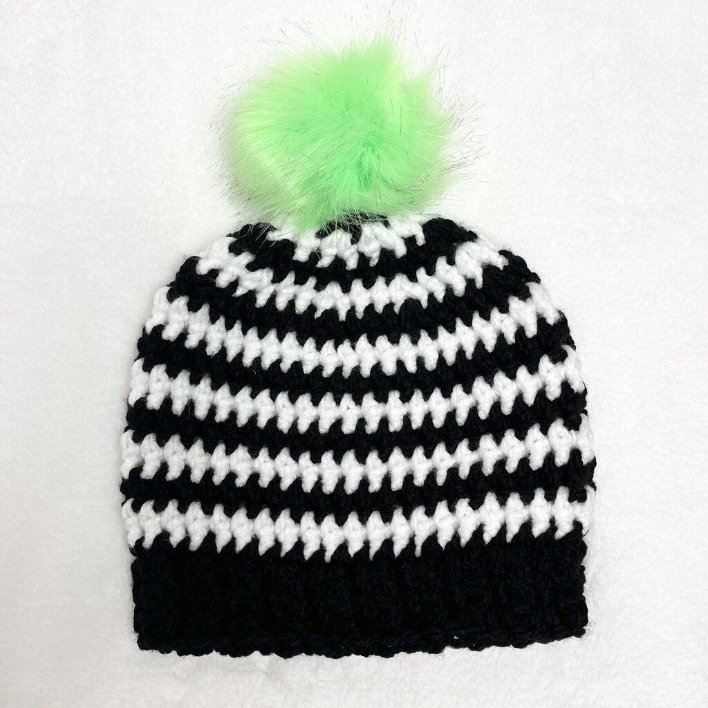 Pom Pom Hat - Black & White Stripes with Green Pom