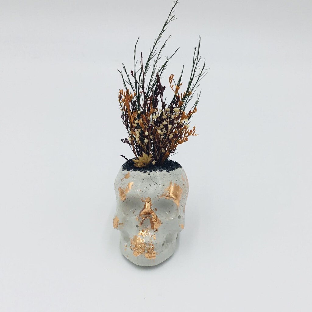 Mini Concrete Skull with Flowers