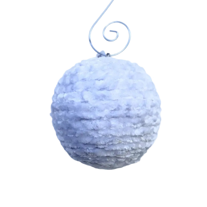 Shatterproof christmas ornament crocheted blue grey