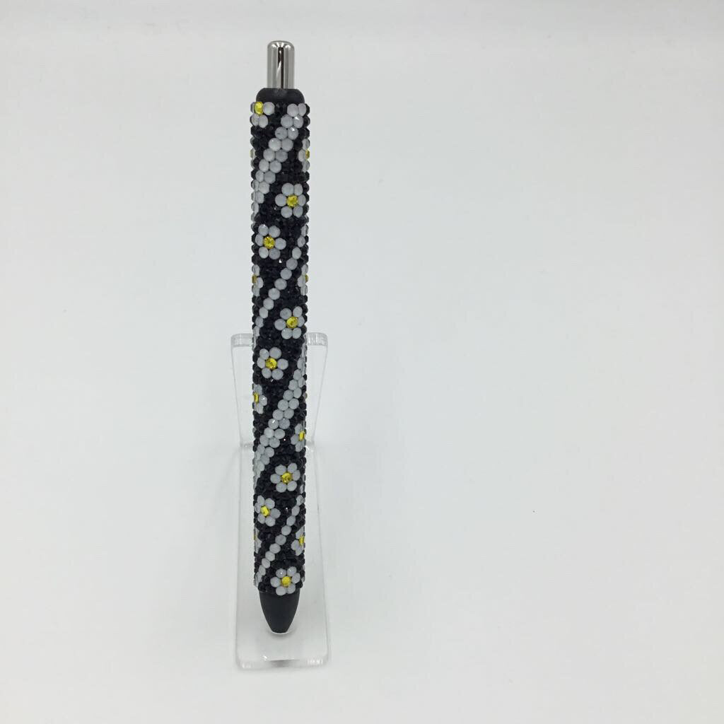 Black Daisy Swirl Full Rhinestone Pen