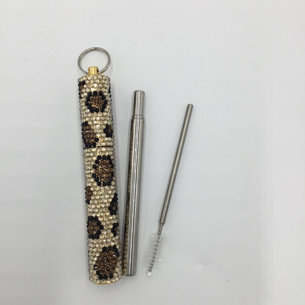 Leopard Print Rhinestone Travel Straw