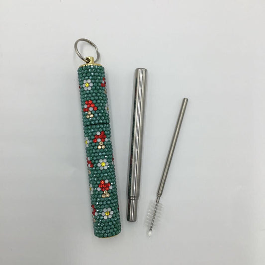 Mushroom & Daisy Rhinestone Travel Straw