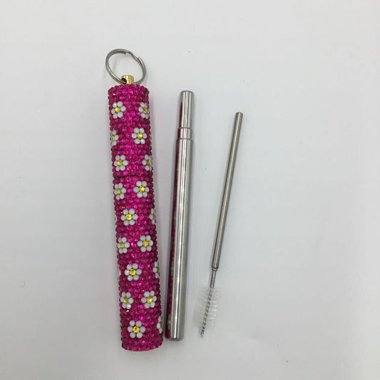 Peach Blossom Daisy Rhinestone Travel Straw