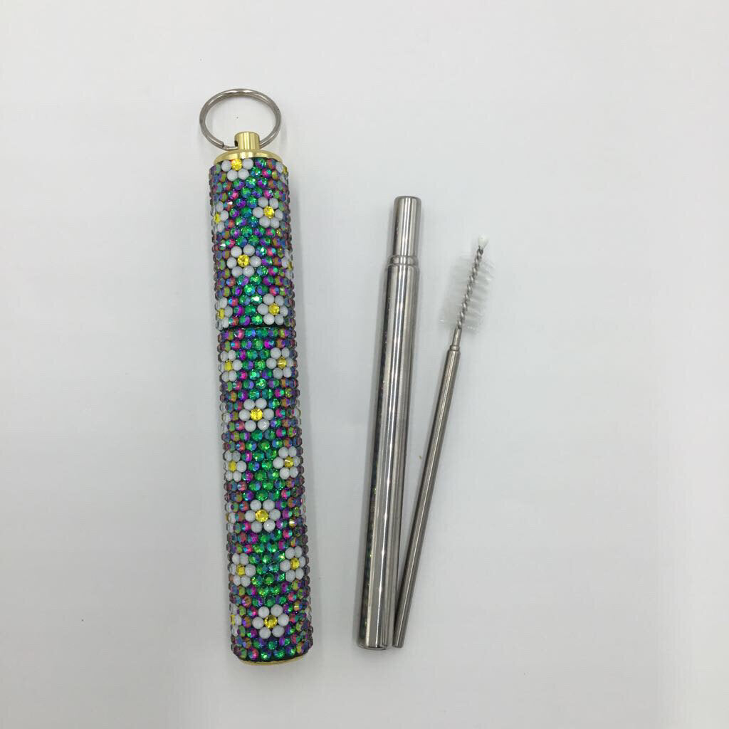 Green Flame Daisy Rhinestone Travel Straw