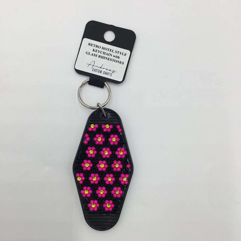 Neon Pink Daisy Rhinestone Retro Keychain