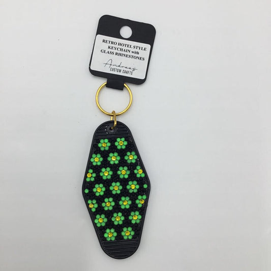 Neon Green Daisy Rhinestone Retro Keychain