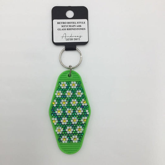 Green Flame Daisy Rhinestone Retro Keychain