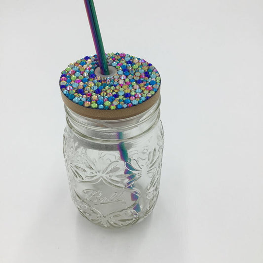 Rainbow Fish Rhinestone 16oz Mason Jar Tumbler Regular Mouth