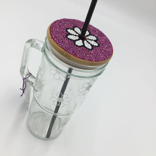 Fuschia Daisy Rhinestone 24oz Glass Tumbler with Handle