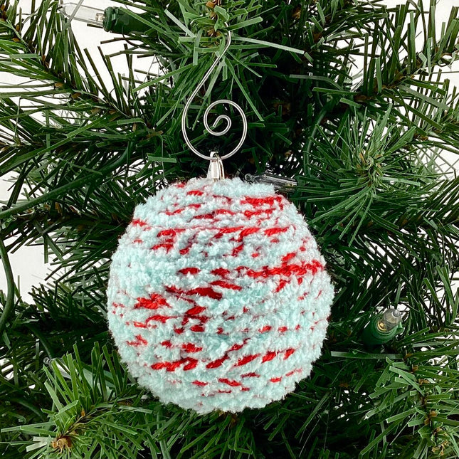 Shatterproof Christmas ornament red and blue crochet