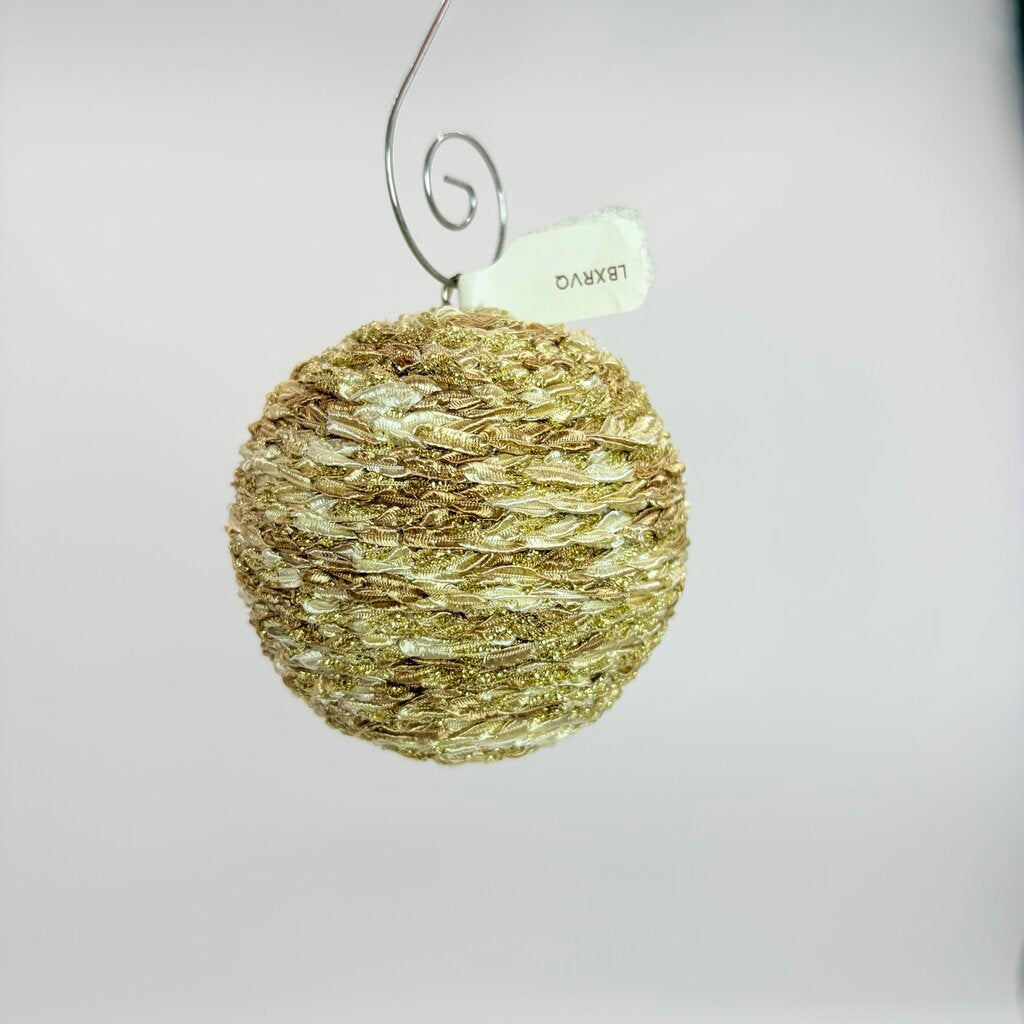 Shatterproof Christmas ornament gold and cream sparkle crochet