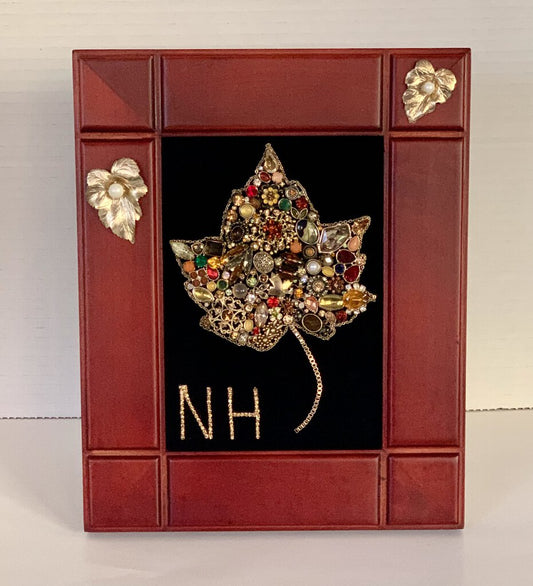 LEAF w/ VTG JEWELRY & NH 5 X 7 CHERRY WOOD FRAME