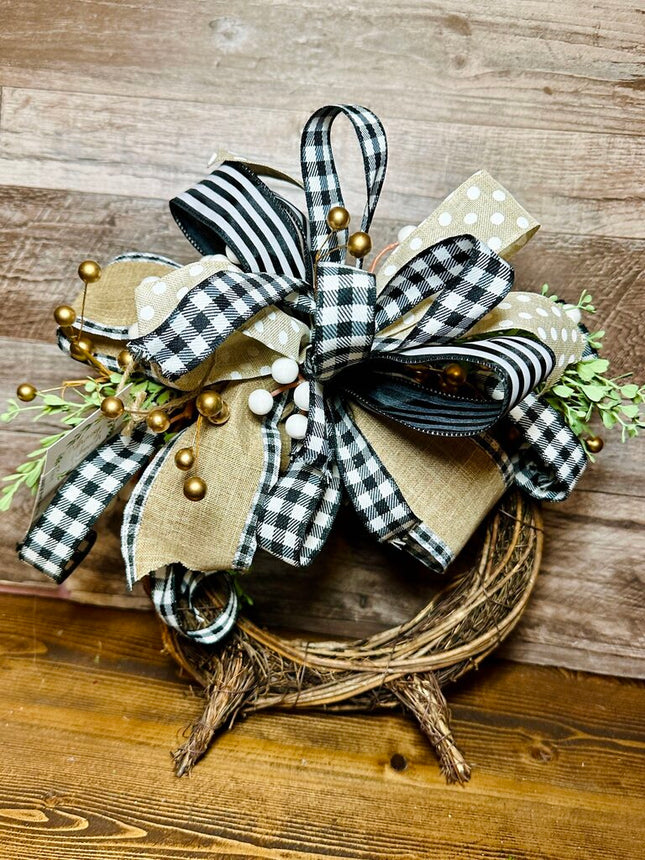 Stand Up Wreath, Black White & Gold, Buffalo Plaid, Greenery, Table Arrangement, Tabletop Centerpiece Home Decor