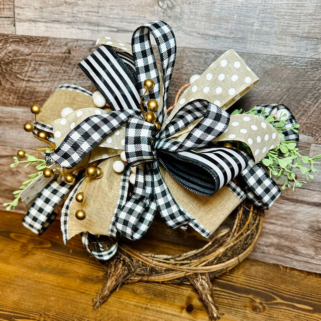 Stand Up Wreath, Black White & Gold, Buffalo Plaid, Greenery, Table Arrangement, Tabletop Centerpiece Home Decor