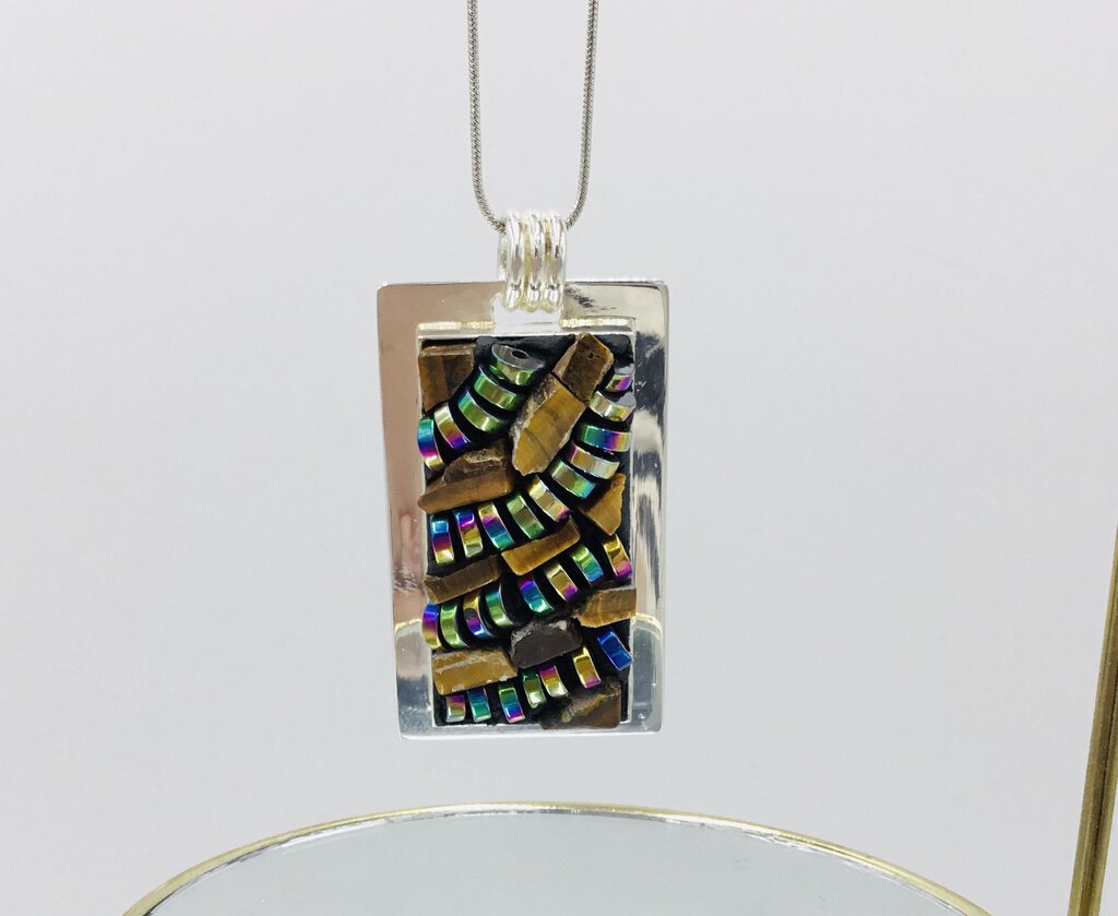 Tiger eye and hematite rectangle pendant