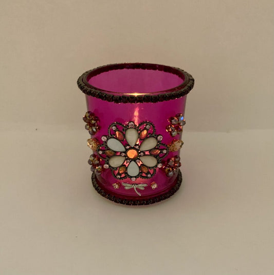 PURPLE TEA LIGHT W/ VTG FLOWER & jewelry (extra battery included)