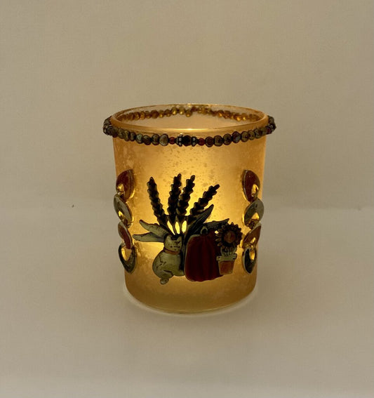 TAN TEA LIGHT w/ VTG FALL JEWELRY (extra battery included)