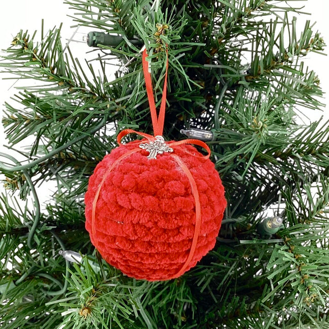 Bright Red crochet shatterproof ornament w/cross
