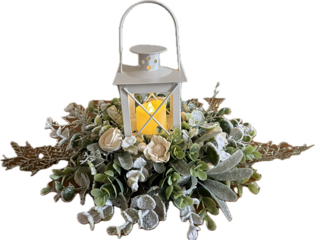 Lantern with Winter Greenery and White Berries