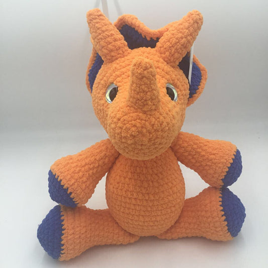 Xtra large crocheted triceratops orange/blue