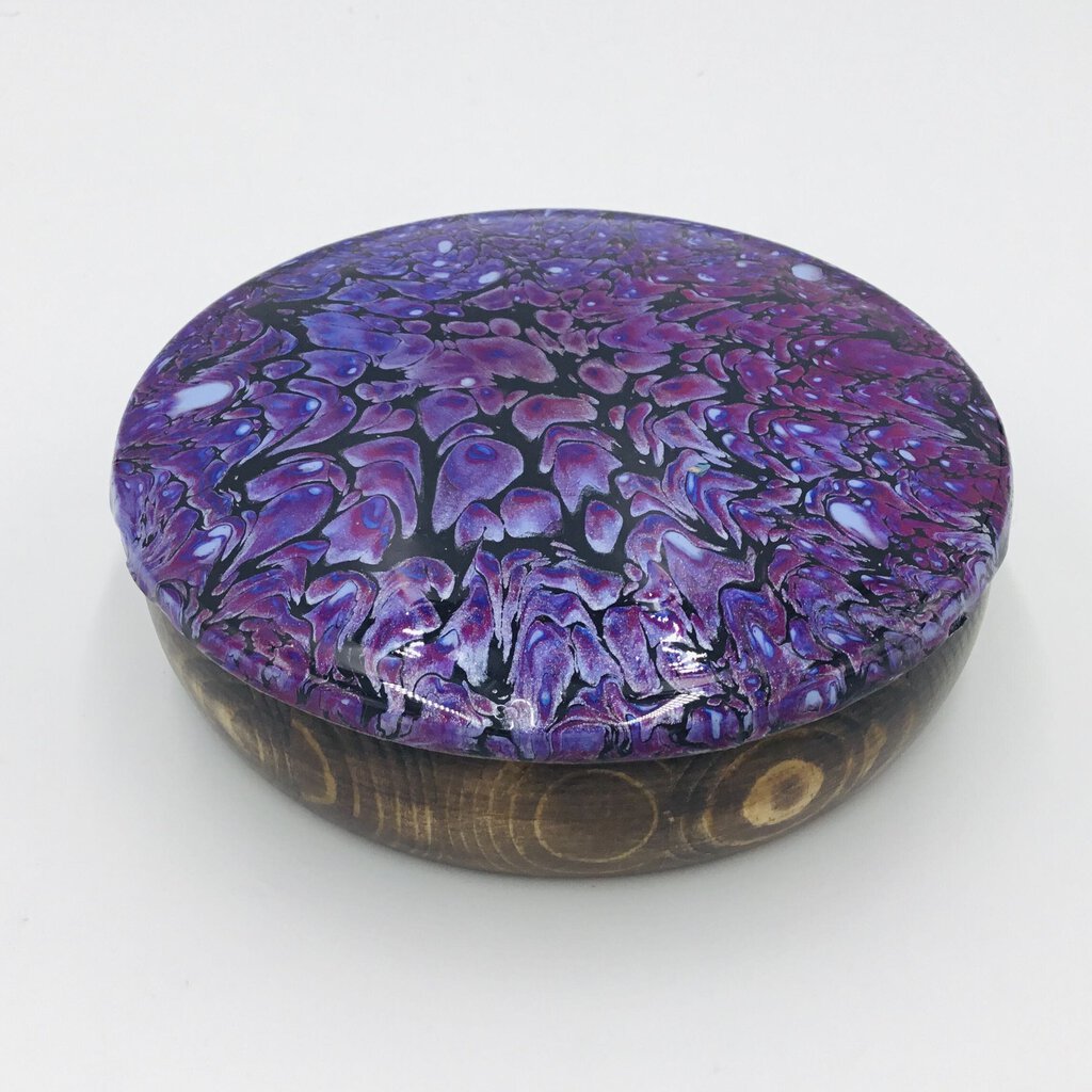 Trinket Box 5" x 1.75" Purple, Black, Light Purple Cover - Dark stain wood