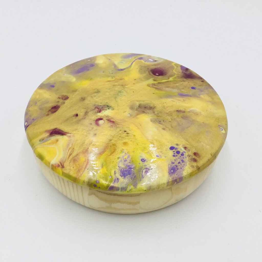 Trinket Box 5" x 1.75" Yellow, Gold, Pink, Purple Cover - Natural stain wood