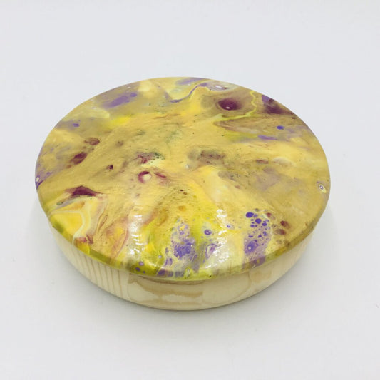 Trinket Box 5" x 1.75" Yellow, Gold, Pink, Purple Cover - Natural stain wood