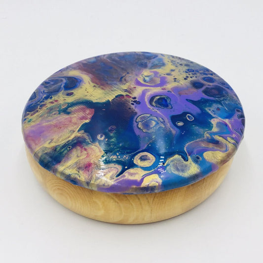 Trinket Box 5" x 1.75" Blue, Purple Gold Cover - Light stain wood