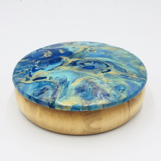 Trinket Box 5" x 1.75" Blue, Turquoise & Gold - Light stain wood