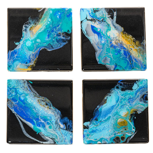 Coasters Square - Set of 4, Turquoise, Blue, Black & Gold