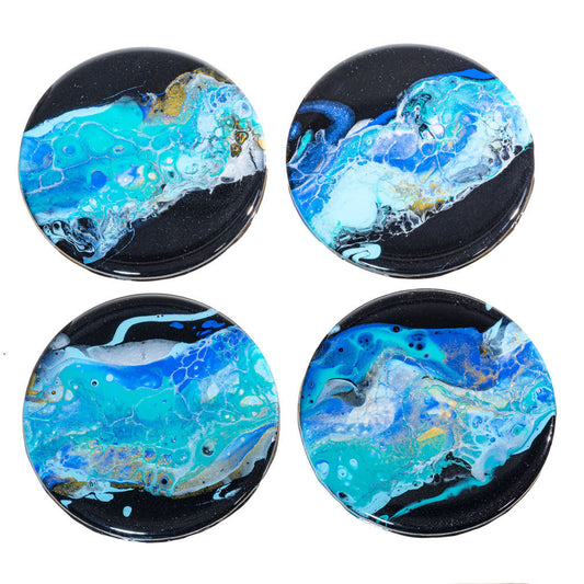 Coasters Round - Set of 4, Turquoise, Blue, Black & Gold