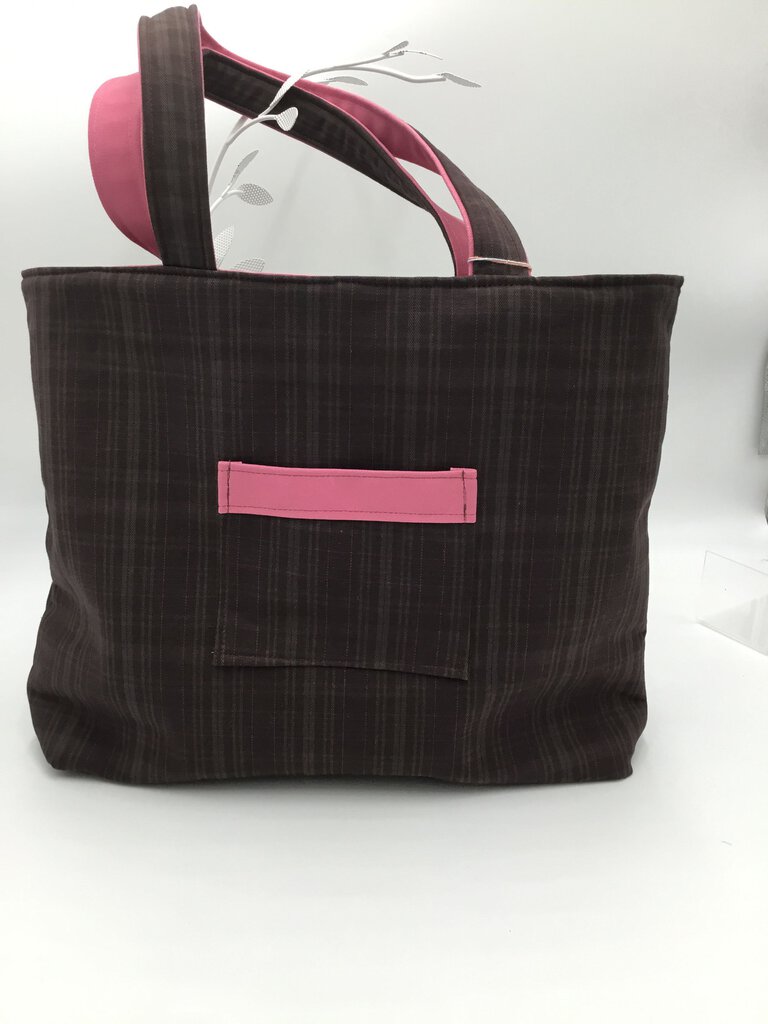 Brown plaid reversible tote bag w/ pink