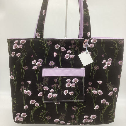 Black w/ small purple flower w/ lt. purple reversible tote