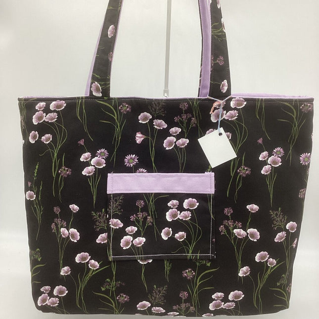 Black w/ small purple flower w/ lt. purple reversible tote