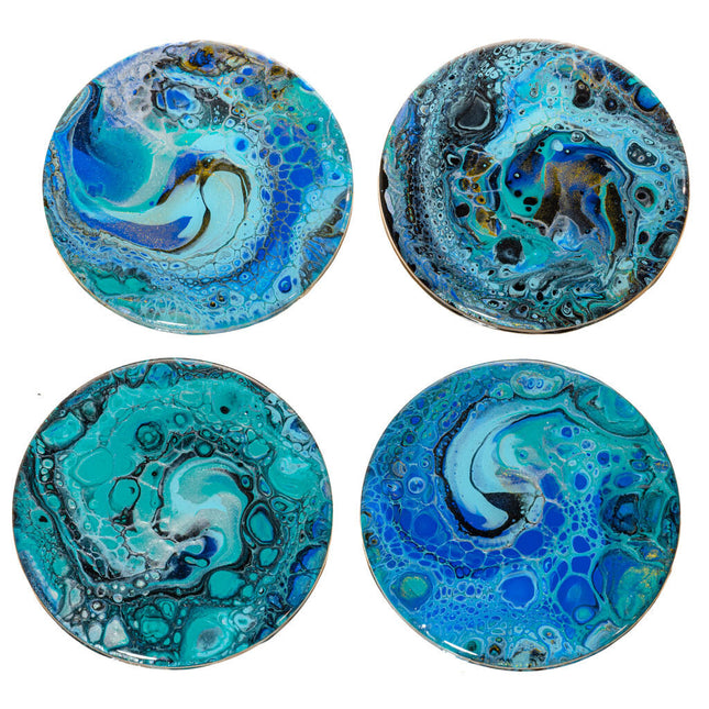 Coasters, Set of 4, Round, Fluid Art - All over pattern, 4" x 4", Turquoise, Blue, Black & Gold