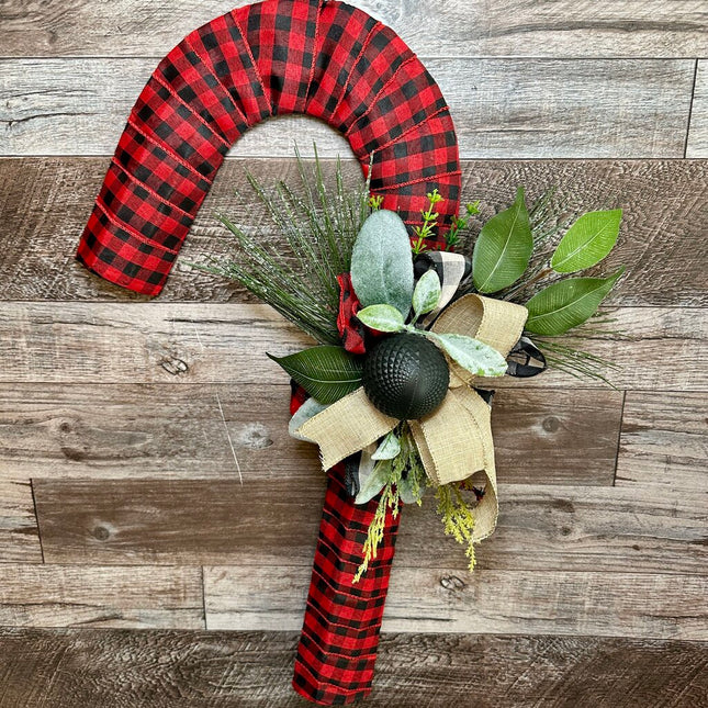 Candy Cane, Large Red Buffalo Plaid w/Black Matte Ball, Christmas Door Hanger, Holiday Winter Wreath