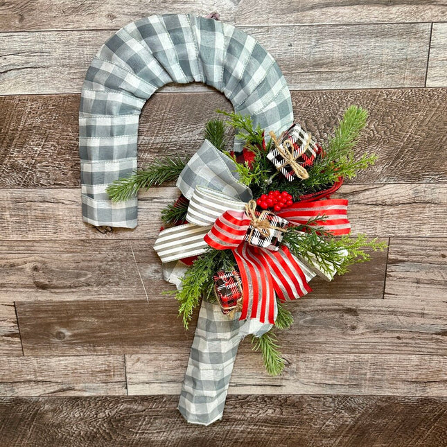 Candy Cane, Large Gray & White w/Presents, Holiday Door Hanger, Christmas Wreath