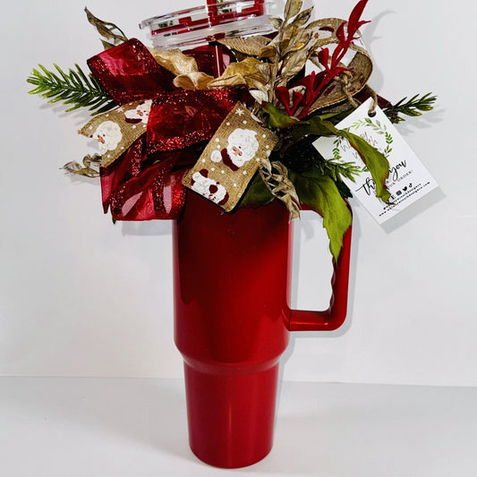 TUMBLER, RED W/SANTA RIBBON & POINSETTIA