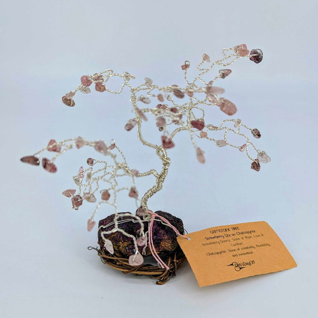 Twisted Wire and Gemstone Tree: Strawberry Qtz/Chalcopyrite