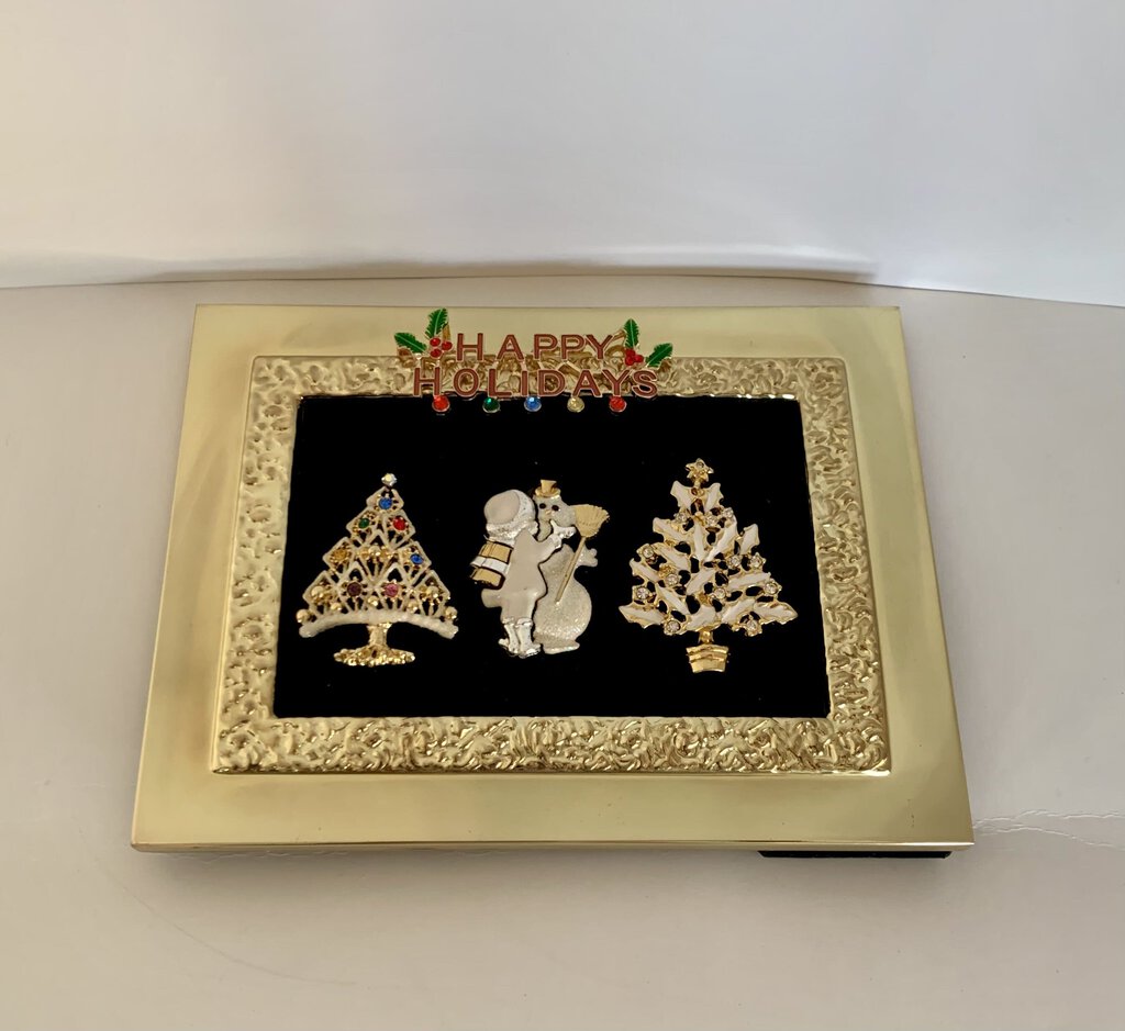 VTG HAPPY HOLIDAYS in shinny gold frame w/VTG jewelry pieces