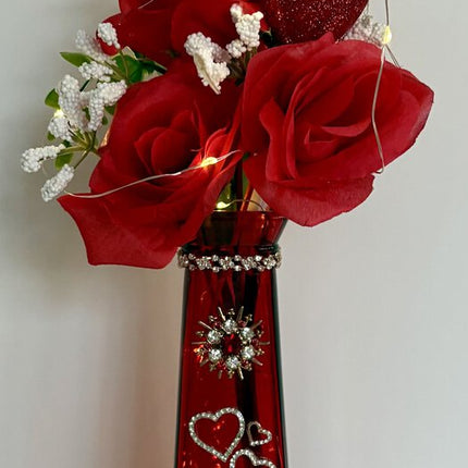 RED GLASS VASE W/ VTG JEWELRY & lights