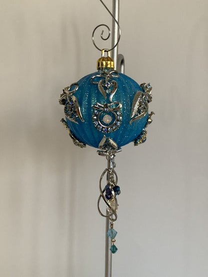 BLUE ORNAMENT w/ vtg silver jewelry/snowman & crystal beads