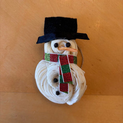 Tiny Snowman Ornament/Magnet with Striped Scarf made from Sola Wood Flowers