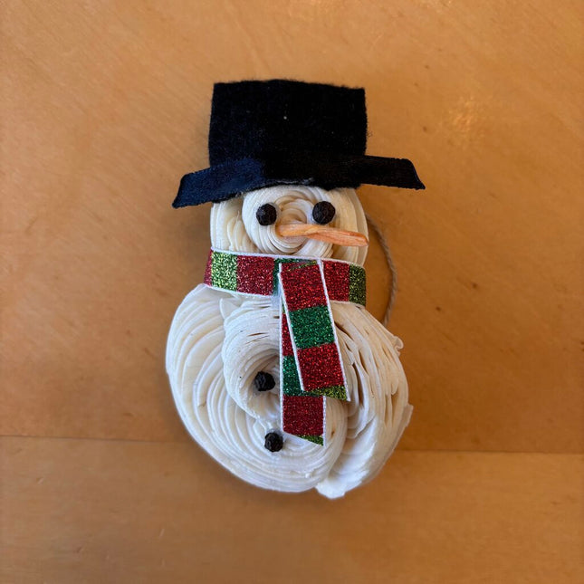 Tiny Snowman Ornament/Magnet with Striped Scarf made from Sola Wood Flowers