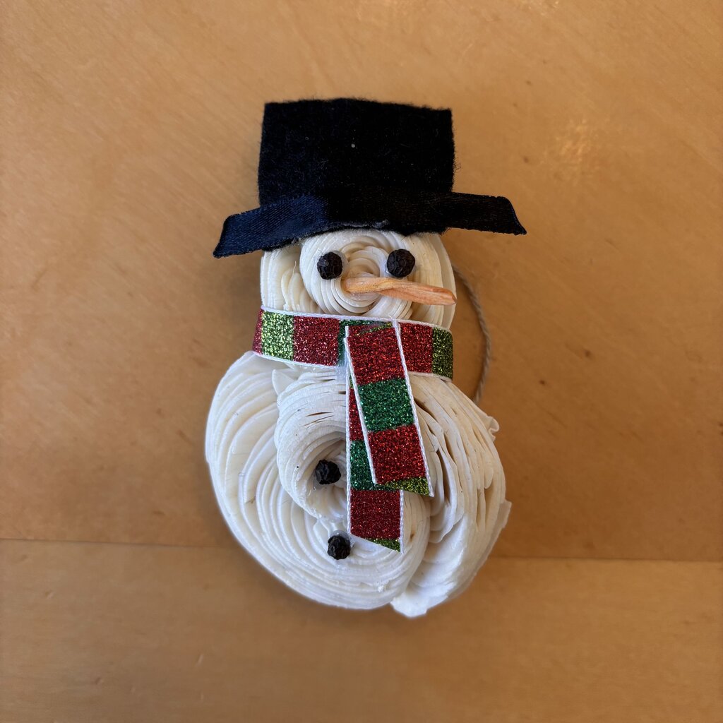 Tiny Snowman Ornament/Magnet with Striped Scarf made from Sola Wood Flowers