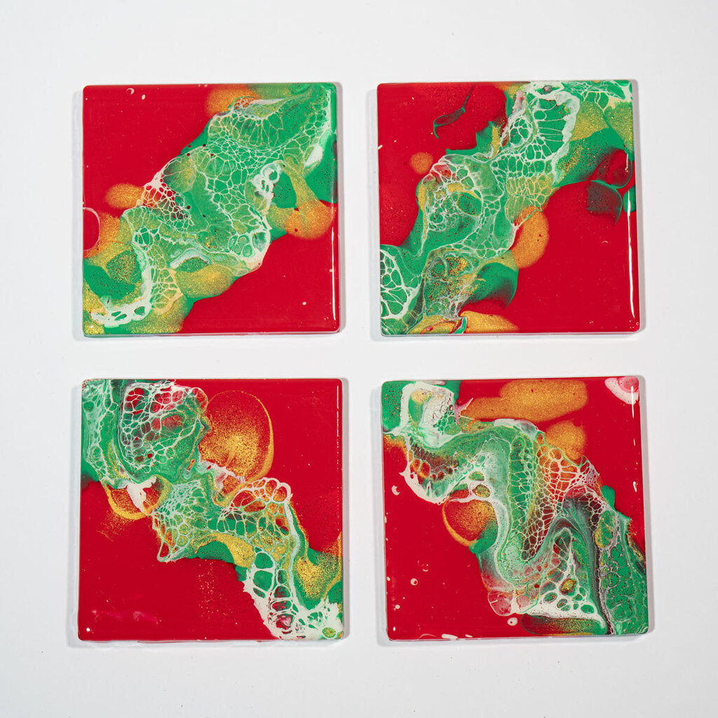 Square Coaster set of 4 Christmas colors - Red, Green, Gold, White