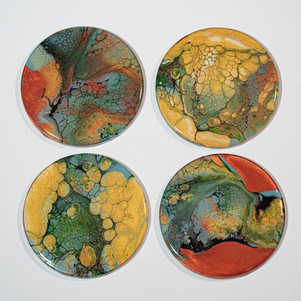 Round Coaster set of 4 Late fall colors - Bronze, Gold, Black, Green, Blue