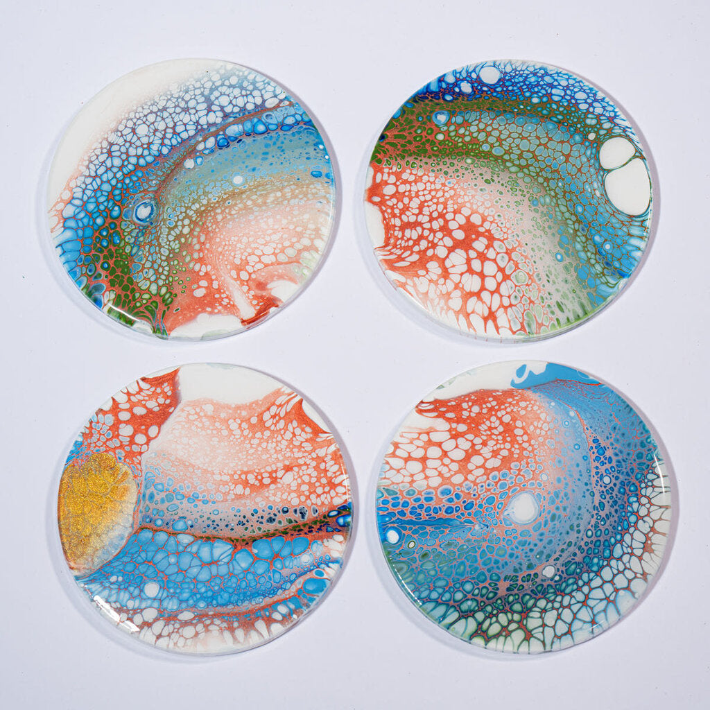 Round Coaster set of 4 Winter colors - White, Blue, Bronze, Gold, Green