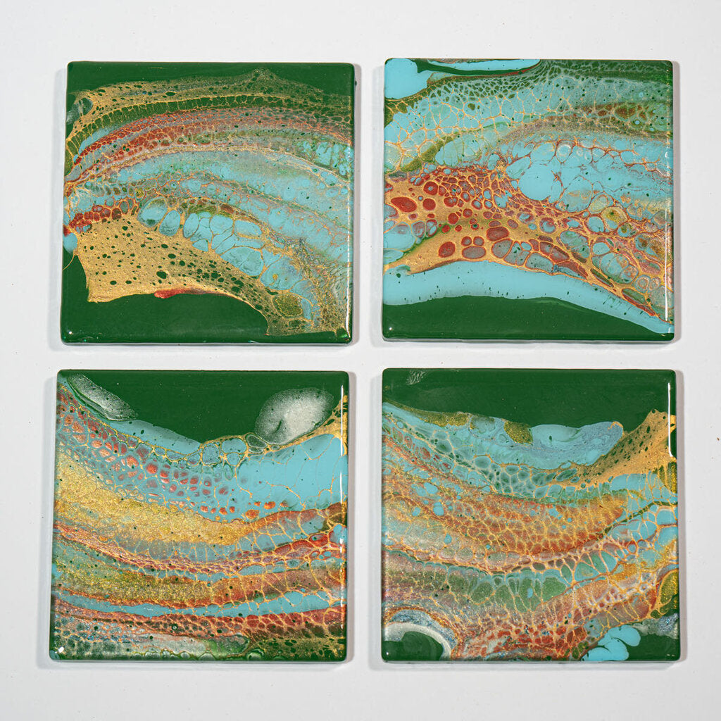 Square Coaster set of 4 Dark green, light blue, bronze, gold