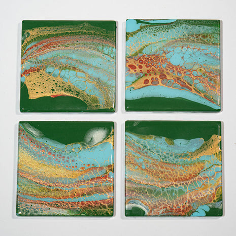 Square Coaster set of 4 Dark green, light blue, bronze, gold
